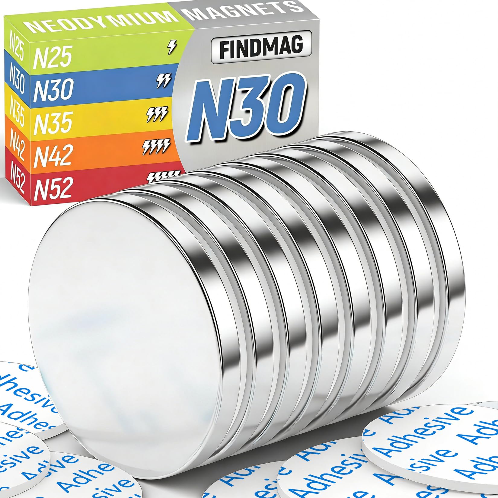 FINDMAG 8 Pack Magnets, 30 x 3 mm Super Strong Neodymium Magnets, Magnet Strong with Double-Sided Adhesive, Permanent Rare Earth Magnet for Whiteboards, Fridge, Building, Craft,DIY
