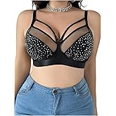 MakeMeChic Women's Plus Size Rhinestone Sparkly Bra Wireless Bralette Cut Out Comfy Bras