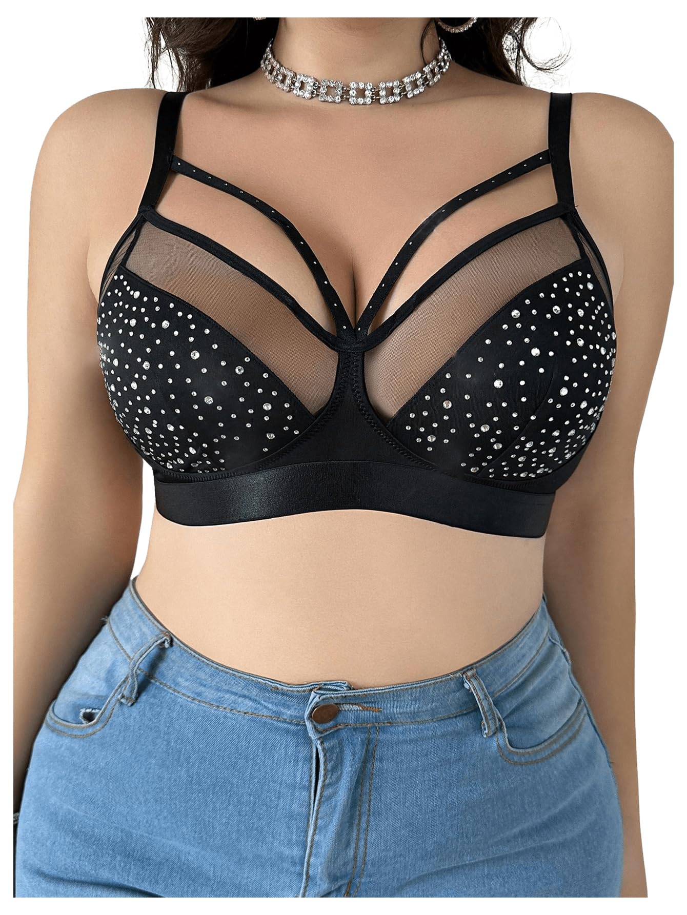 Photo 1 of MakeMeChic Women's Plus Size Rhinestone Sparkly Bra Wireless Bralette Cut Out Comfy Bras Black X-Large Plus