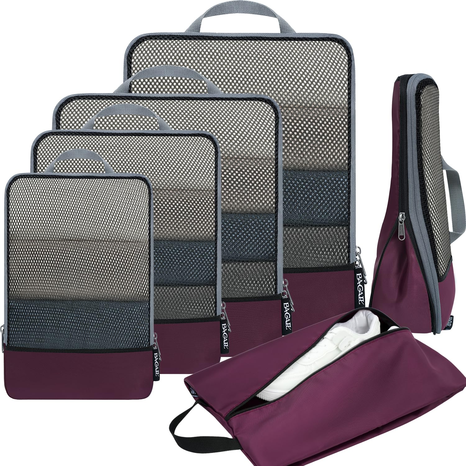 Photo 1 of BAGAIL 4 Set/6 Set/8 Set Compression Packing Cubes Travel Accessories Expandable Packing Organizers(Burgundy HalfMesh 6 Set)