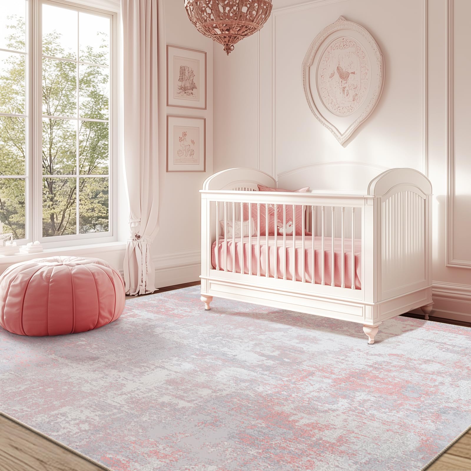Photo 1 of RELEANY Washable Area Rugs 6'x9' Non-Slip Modern Abstract Soft for Living Room Entryway Bedroom Nursery, Print Pattern, Grey Pink