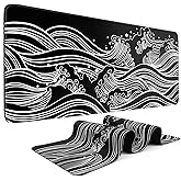 DIGSOM Gaming Mouse Pad - Large 31.5 x 11.8 in Black and White with Stitching Edges, Non-Slip Rubber Base Large Mouse Mat and Keyboard Pad (Sea Wave)