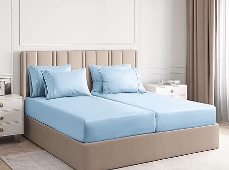 Amazon スプリットキングサイズシーツセット 7点セット ホテルラグジュアリーベッドシーツ ソフト 深いポケット 簡単フィット 冷却シーツ しわ防止 ライトブルー ベッドシーツ スプリットキングシーツ ベビーブルー 7点セット 寝具カバーセット オンライン通販