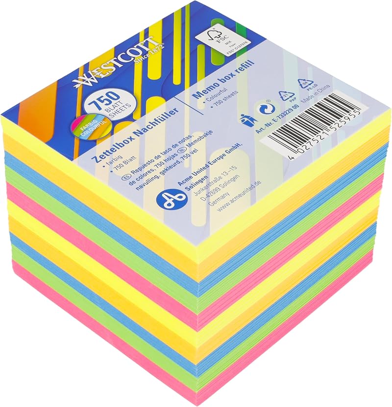 Westcott Note Block Coloured 750 Sheets Refill Pack 9x9cm 5 Colours