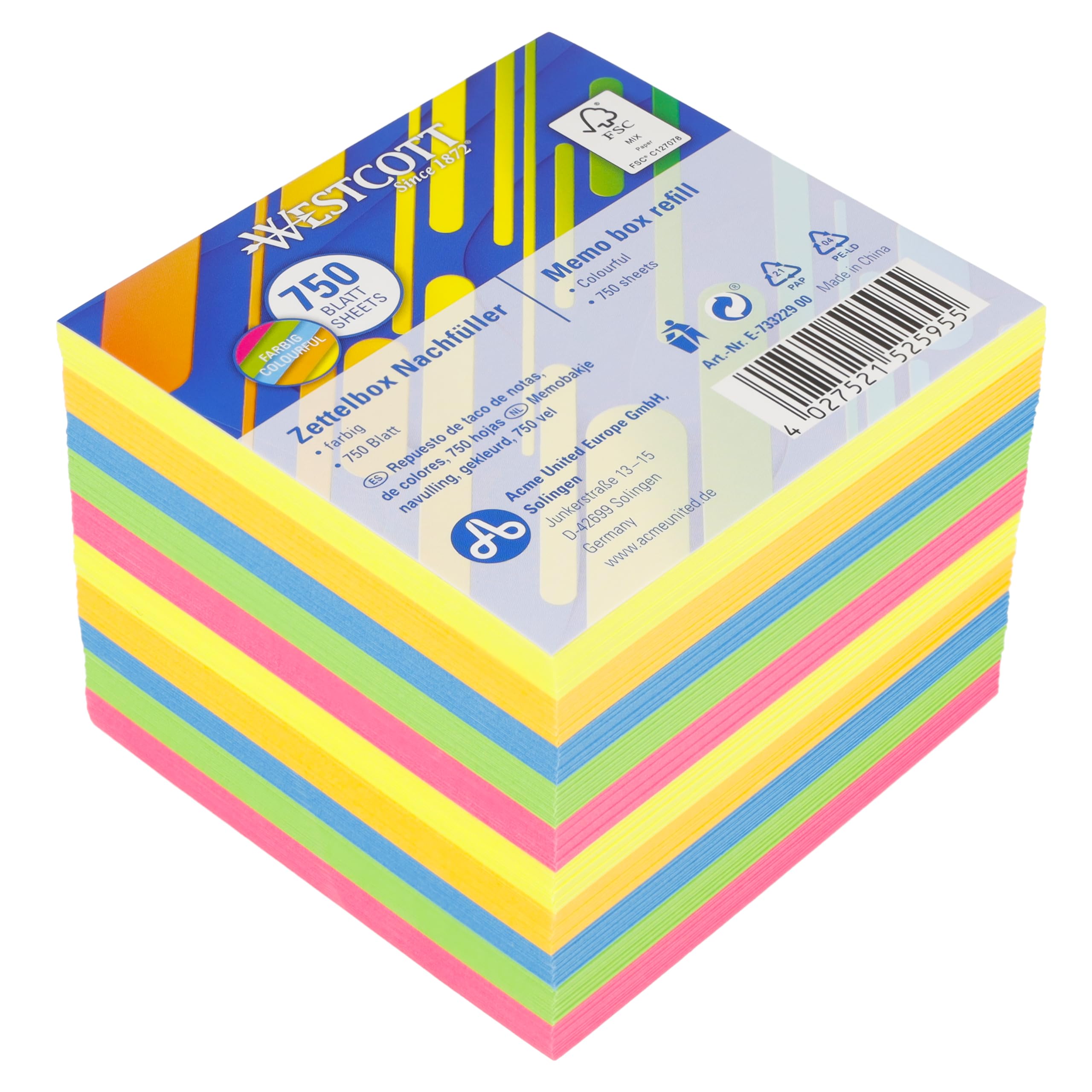 Westcott Note Block Coloured 750 Sheets Refill Pack | memo Block with 9 x 9 cm Sheets in 5 Colours | Refill Set for Dispenser Box | FSC-Certified Paper 75g/m² | E-733229 00