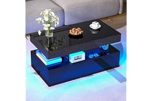 LUXOAK Coffee Table with LED Light, Modern High Gloss Finish Center Table with 2-Tier Storage Space, Minimalist Coffee Table 
