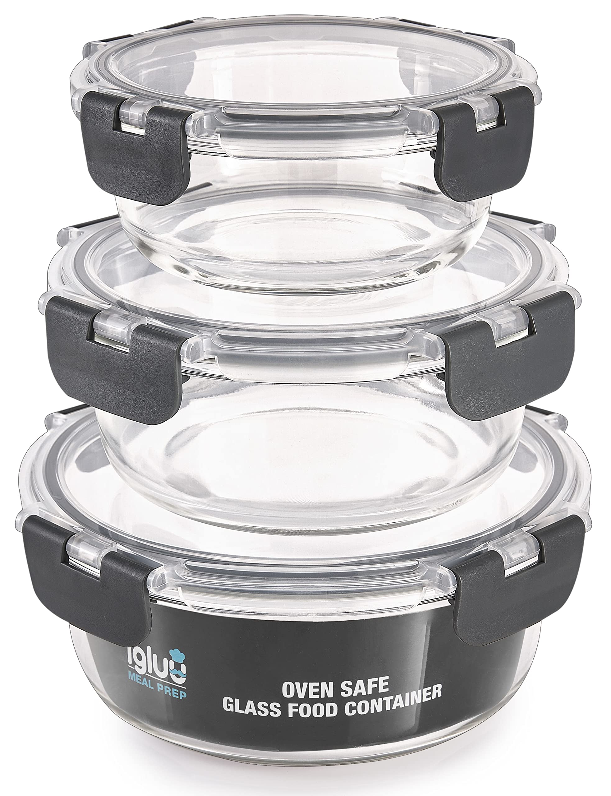 Igluu Meal Prep Round Glass Containers with Lids (3 Pack) – Airtight & BPA-Free – Oven, Microwave, Freezer and Dishwasher Safe – 400ml, 650ml, 950ml – Durable Borosilicate Glass