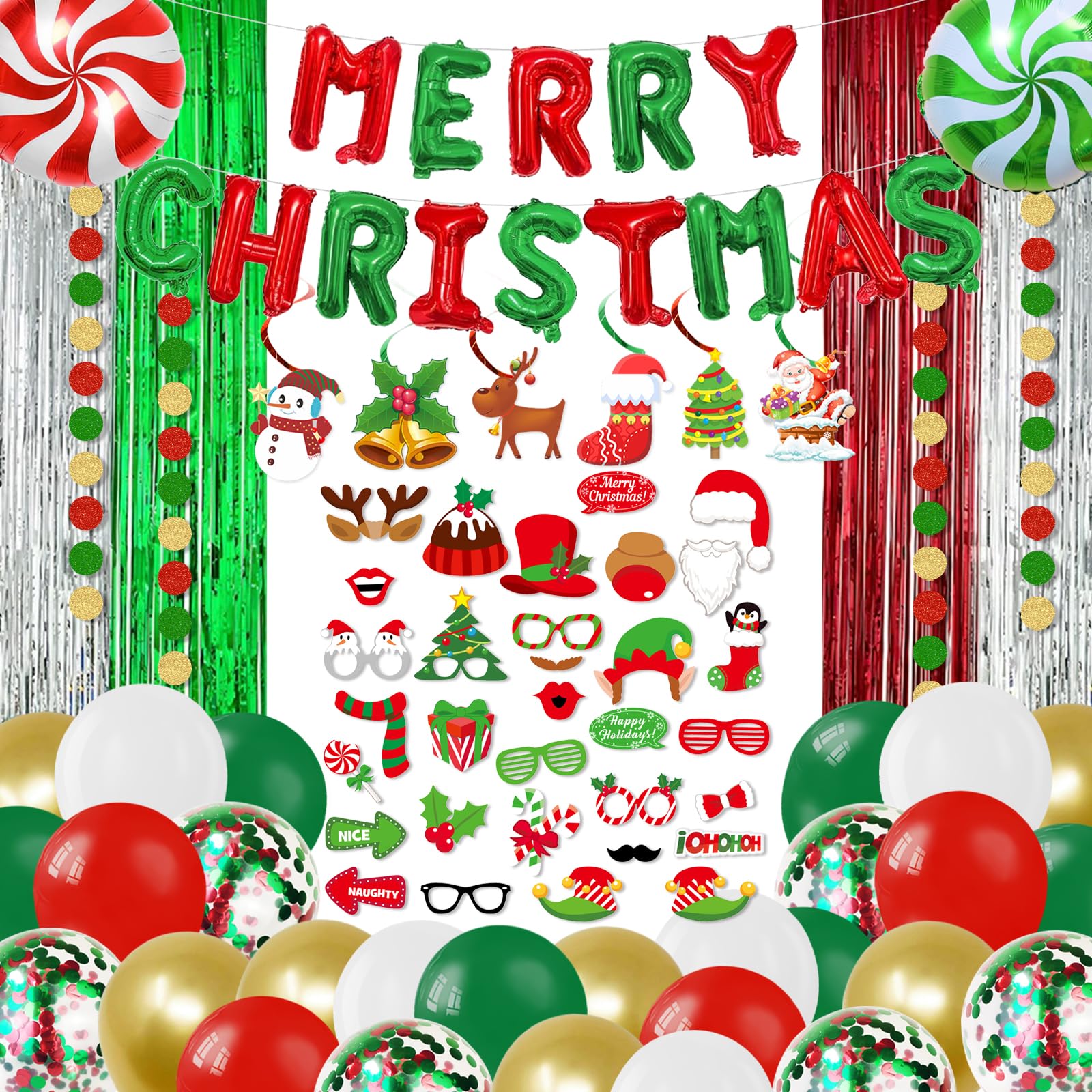 Photo 1 of 102 PCS Christmas Party Decorations Kits,Merry Christmas Foil Balloons,Xmas Photo Booth Prop, Red Green Latex Balloons,Hanging Swirl,Fringe Curtain for Xmas Decorations Indoor Home Decor