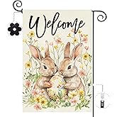 Baccessor Easter Bunny Welcome Garden Flag 12.5x18 Inch Double Sided Outside,Rabbit Eggs Spring Floral Flowers Holiday Yard Lawn Outdoor Flag Farmhouse Decoration