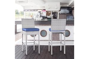 PATIO NOVAGARDEN Outdoor Bar Stools Set of 2 Wicker Counter Height Bar Stools Patio Chairs Bar Height Patio Stools & Bar Chairs with Footrest Armless Cushion Navy Blue All Weather Rattan for Garden Pool Lawn Backyard