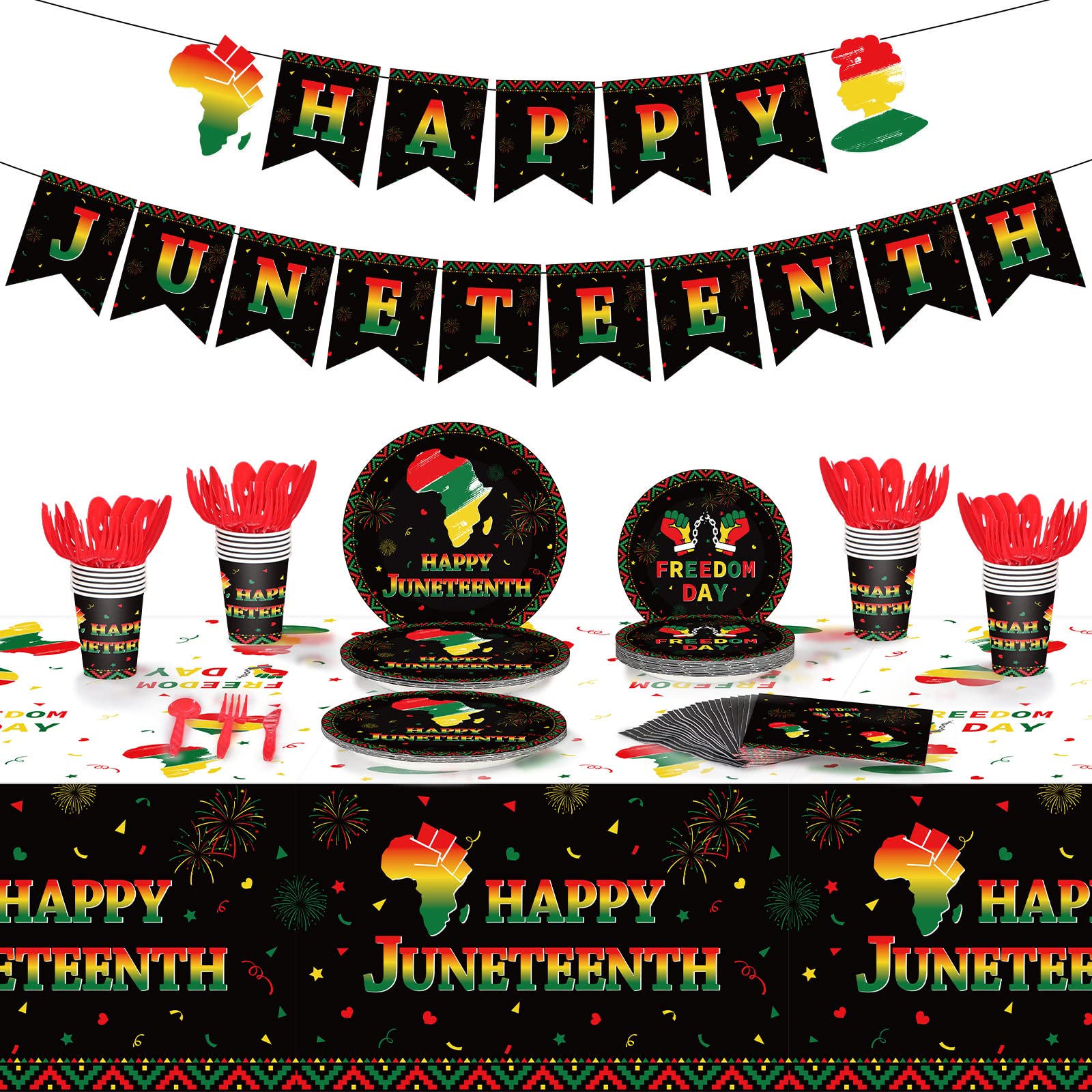 Photo 1 of 172 Pcs Juneteenth Party Supplies Serves 24, Include Tablecloth, Happy Juneteenth Banner, June 19th Freedom Day Plates Napkins Tableware Set for Patriotic African Afro American Festival Party Decors