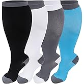 4 Pairs Plus Size Compression Socks for Women & Men, Extra Wide Calf 20-30 mmHg Knee High Compression Stockings for Circulation Swelling Support