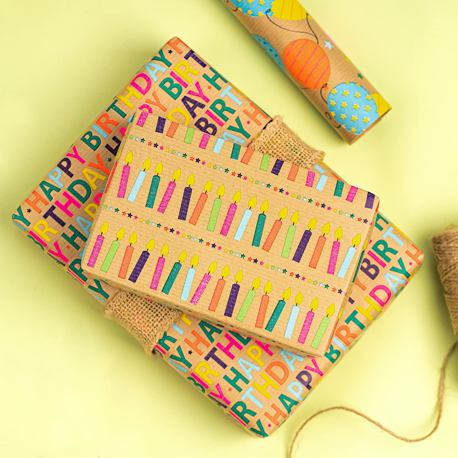 RUSPEPA Kraft Birthday Wrapping Paper Rolls - Mini Roll - 17 inches x 10 feet per Roll, Total of 4 Rolls, Colorful Birthday