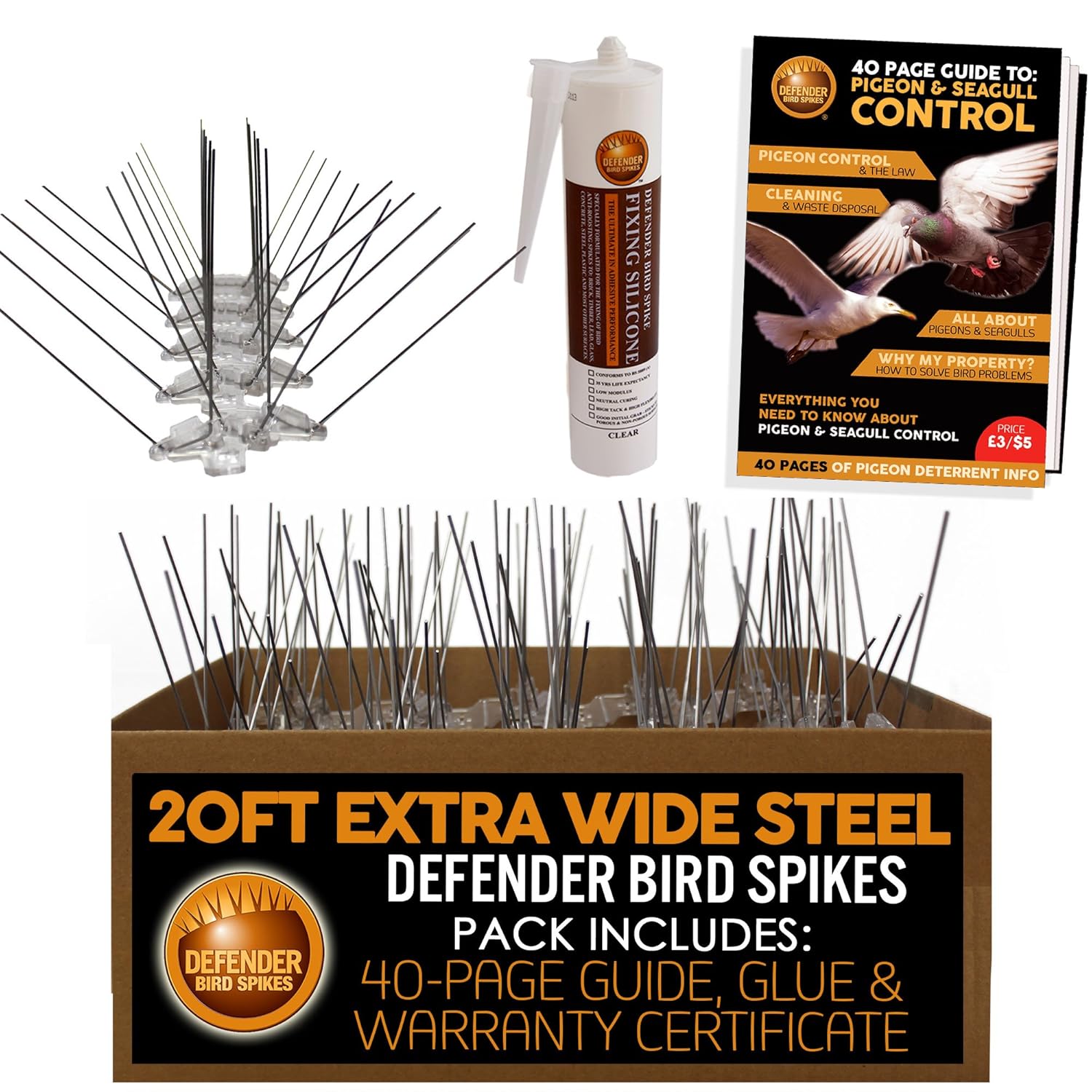 Defender Extra Wide Stainless Steel Pigeon Spikes Kit 20 Feet with Glue Bird