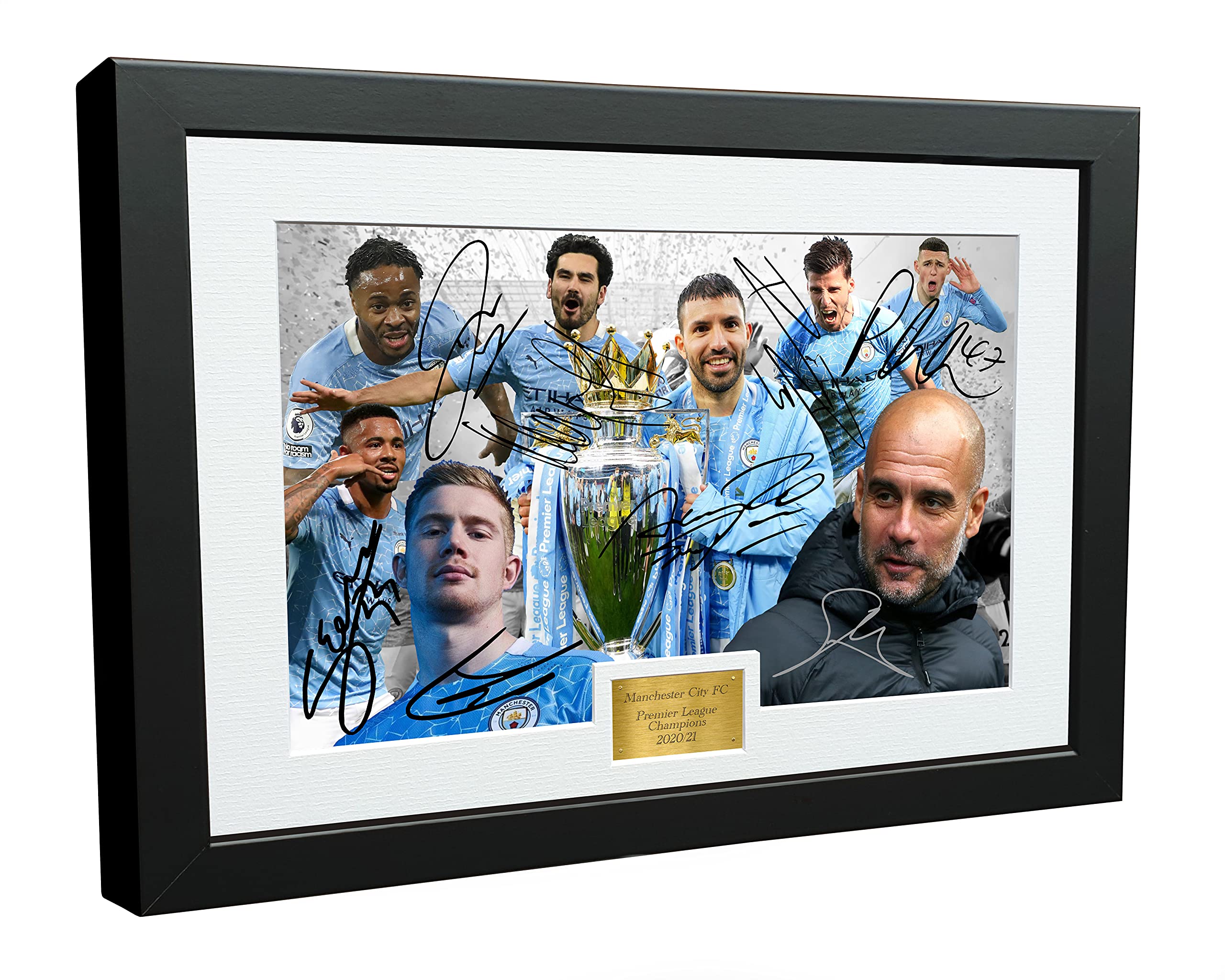 12x8 A4 '2021 Premier League Champions' Manchester City FC Signed Sterling Guardiola Jesus Aguero Foden Kevin De Bruyne Gundogan Dias Autographed Photo Photograph Picture Frame Poster Gift