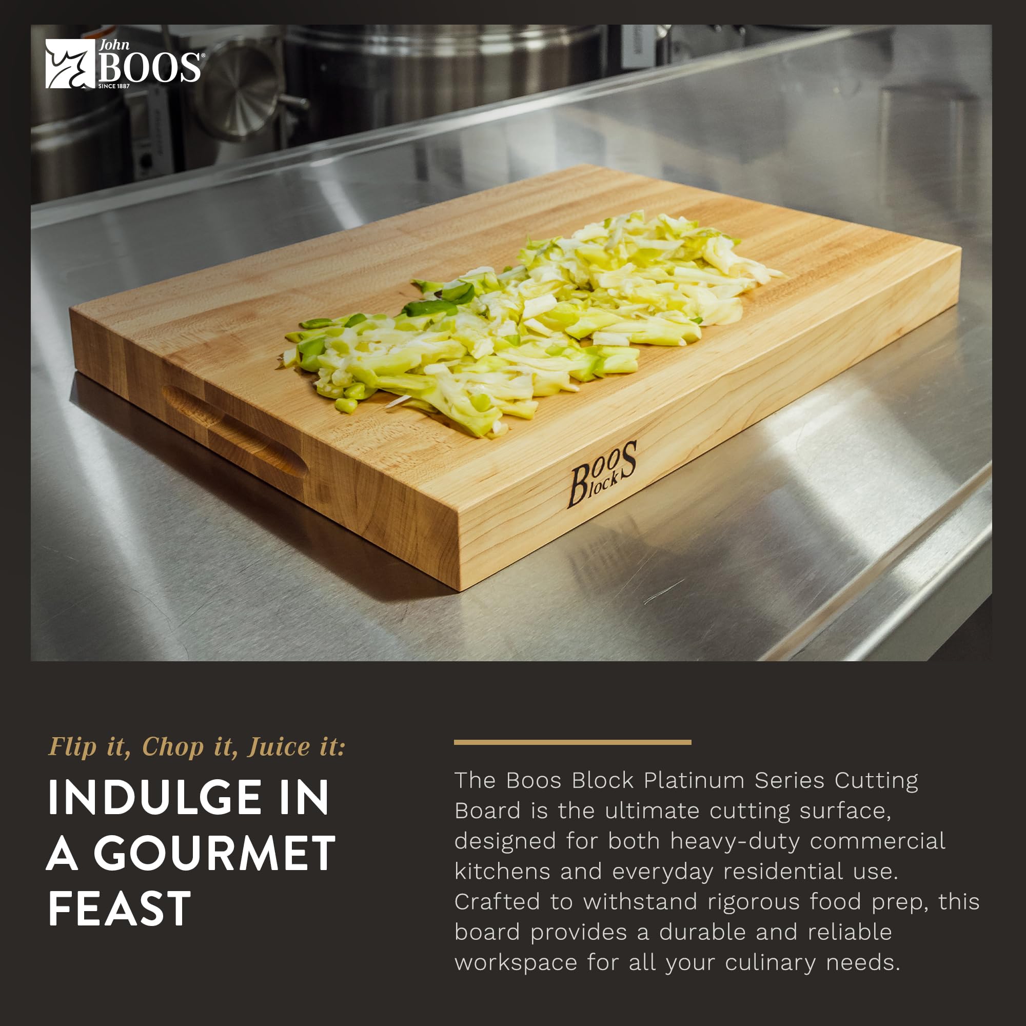 John Boos Platinum Commercial Series Rectangular Wooden Maple Cutting Board 24”x18” – 1.75” Thick, 21-lb Reversible Butcher Block with 1/4” Radius Edges, Edge-Grain & Finger Grips – Made in the USA