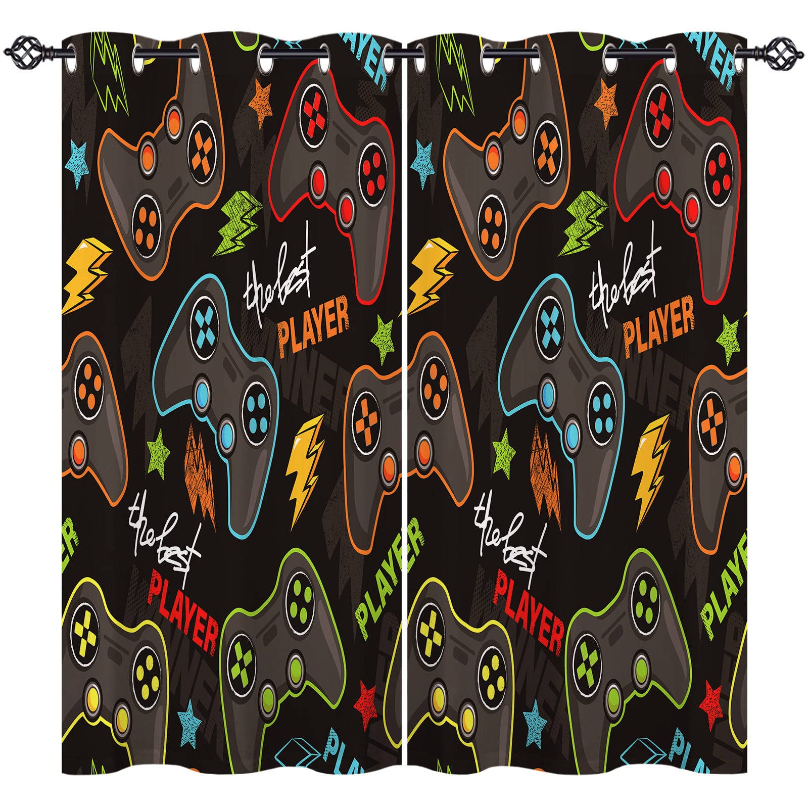 ANHOPE Gamer Curtains Eyelet 80% Blackout Room Darkening Curtains with Video Game Gamepad Print Pattern Light Blocking Window Drapes for Kids Boys Teens Bedroom Living Room 46 x 54 Inch Drop 2 Panels