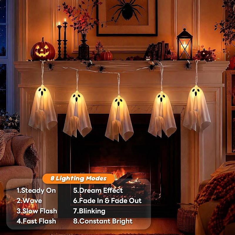 Fantasmas Decoracion Halloween, 2.75M LED Luces de Cadena Fantasma Colgante Halloween Exterior de 8 Modos, Batería y Temporizar, Luz de Hallowen Deko para Interior, Fiesta — foto 3 de 8