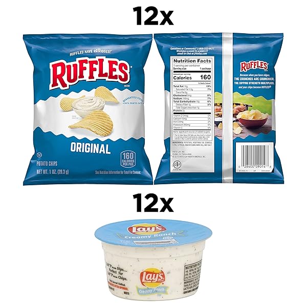 FRITO LAY RUFFLES CHIPS AND LAY’S RANCH DIP CUPS VARIETY PACK, (PACK OF 24)