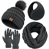 URATOT 4-In-1 Winter Warm Sets Knitted Scarf Touch Screen Gloves Beanie Pompom Hat and Winter Ear Warmer for Men or Women
