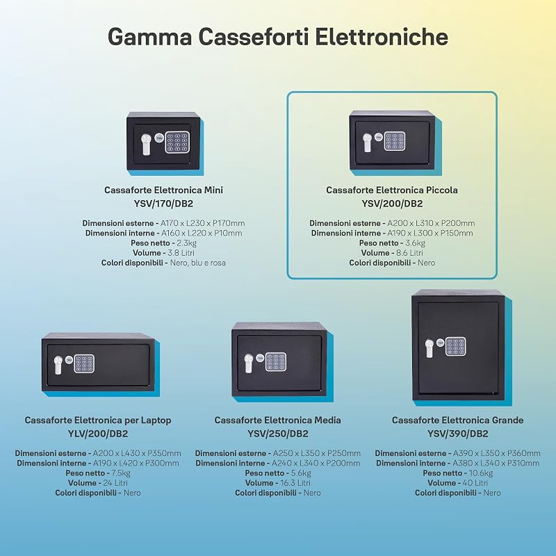 Cassaforte Piccola YSV/200/DB2 Nero, Tastiera Digitale, Indicatori di Luce a LED, Fissaggi a Parete e Pavimento, Versione Corrente