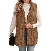FEOYA Women's Long Fleece Vest Casual Sleeveless Vests Warm Hooded Tops Winter Button Outerwear with Pockets S-XL