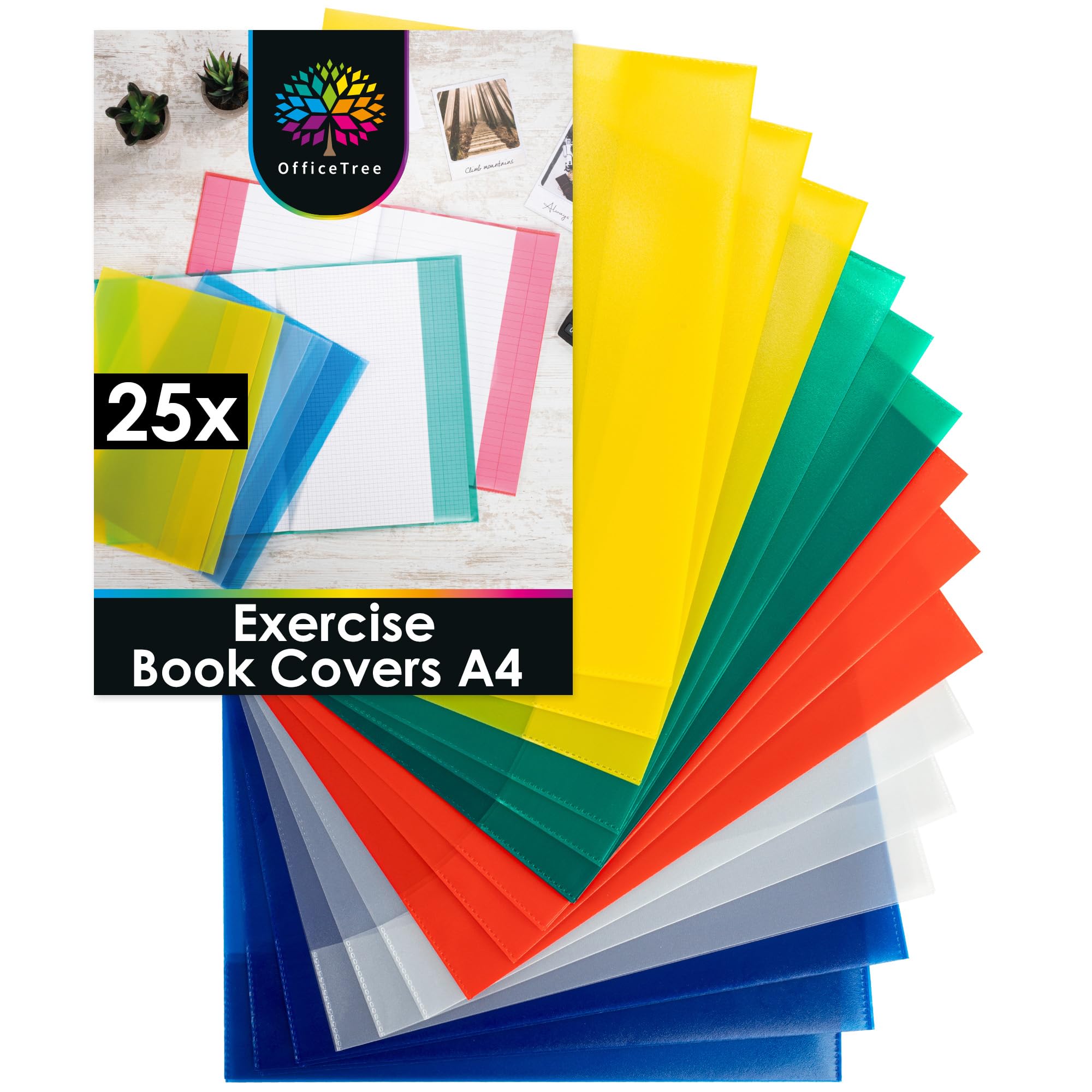 OfficeTree 25x A4 Excersize Book Cover - 5 Colours - Plastic Exercise Book Sleeves - Workbook Covers for School & Office - Water-Repellent - A4 Notebook Cover - Excersize Book Covers for School