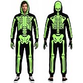 Men's Skeleton Halloween Costume, Glow-in-the-Dark Hooded Jumpsuit | Front and back skeleton print for a striking look from both sides. Easy zip-up design for Halloween parties and cosplay.