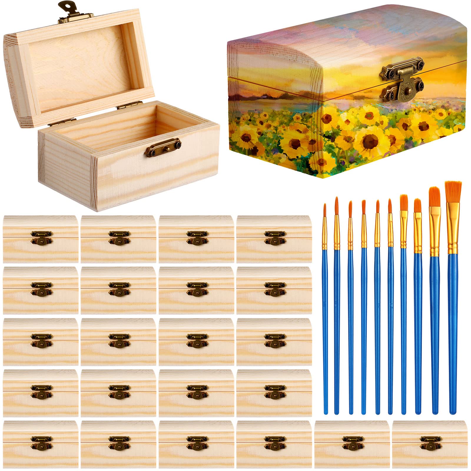 Photo 1 of Chumia Unfinished Wood Treasure Chest with 10 Paintbrushes, Small Treasure Craft Boxes with Locking Clasp Wooden Storage Box for DIY Party Favor Jewelry, 3.5 x 2.2 x 1.8 Inch(24 Pcs)