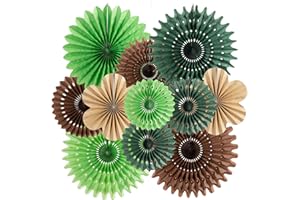 BALUN ADMHAIL 11 Pcs Hanging Paper Fans Decoration Green and Brown Paper Flowers Deco Tropical Jungle Birthday Party Decorations for Summer Safari Carnival Party Supplies