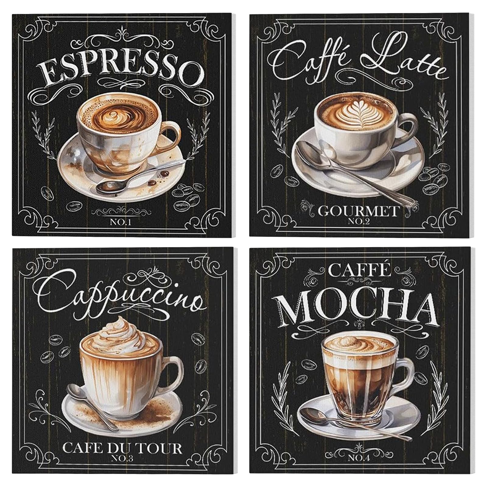 NAIMOER 4 Pack Coffee Paint by Numbers Kits for Adults with Frame, DIY Paint by Numbers for Beginners Coffee, Framed Painting by Numbers on Canvas Gifts for Home Decor 20x20cm