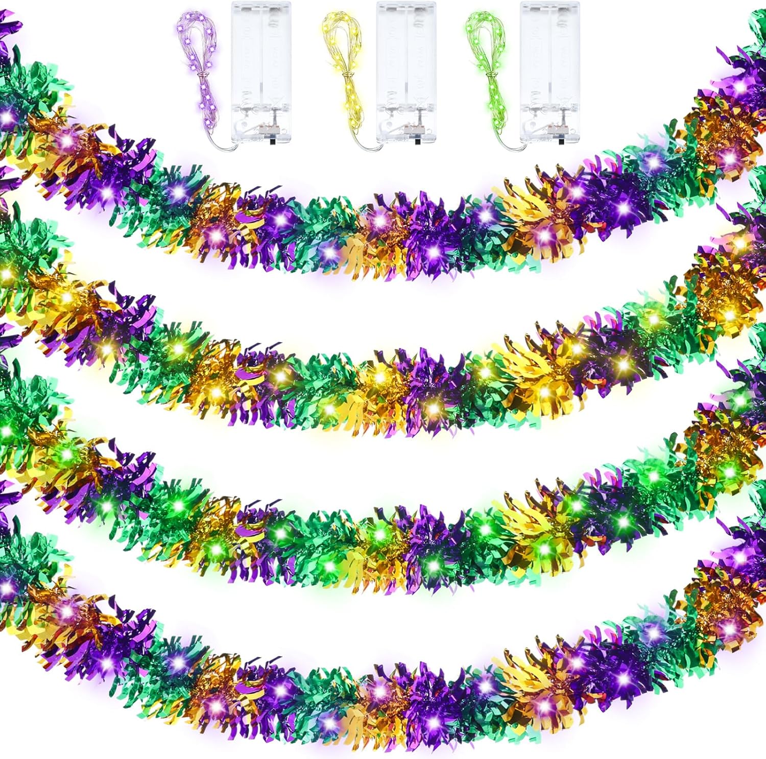 Wreaths, Garlands & Swags - Boao 6 Pcs 39 ft Mardi Gras Tinsel Garland with LED Lights Tinsel Twist Garland Mardi Gras Metallic Battery Operated Wreath Lighted Shiny Hanging Decor for Carnival Indoor Outdoor Party Supplies