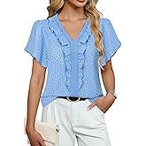 Lotusmile Womens Dressy Ruffle Tops Summer Chiffon V Neck Work Blouse Casual Flutter Short Sleeve Shirts