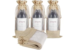 10pcs Jute Wine Bags, Burlap Bottle Bags 750ml with Organza Window Hessian Drawstring Gift Pouches for Wedding Festival Wine 