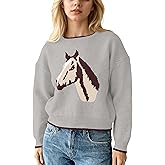 Ythomm Womens Crewneck Horse Graphic Sweaters Long Sleeve Knit Jumpers Casual Contrast Drop Shoulder Fall Pullover Sweater
