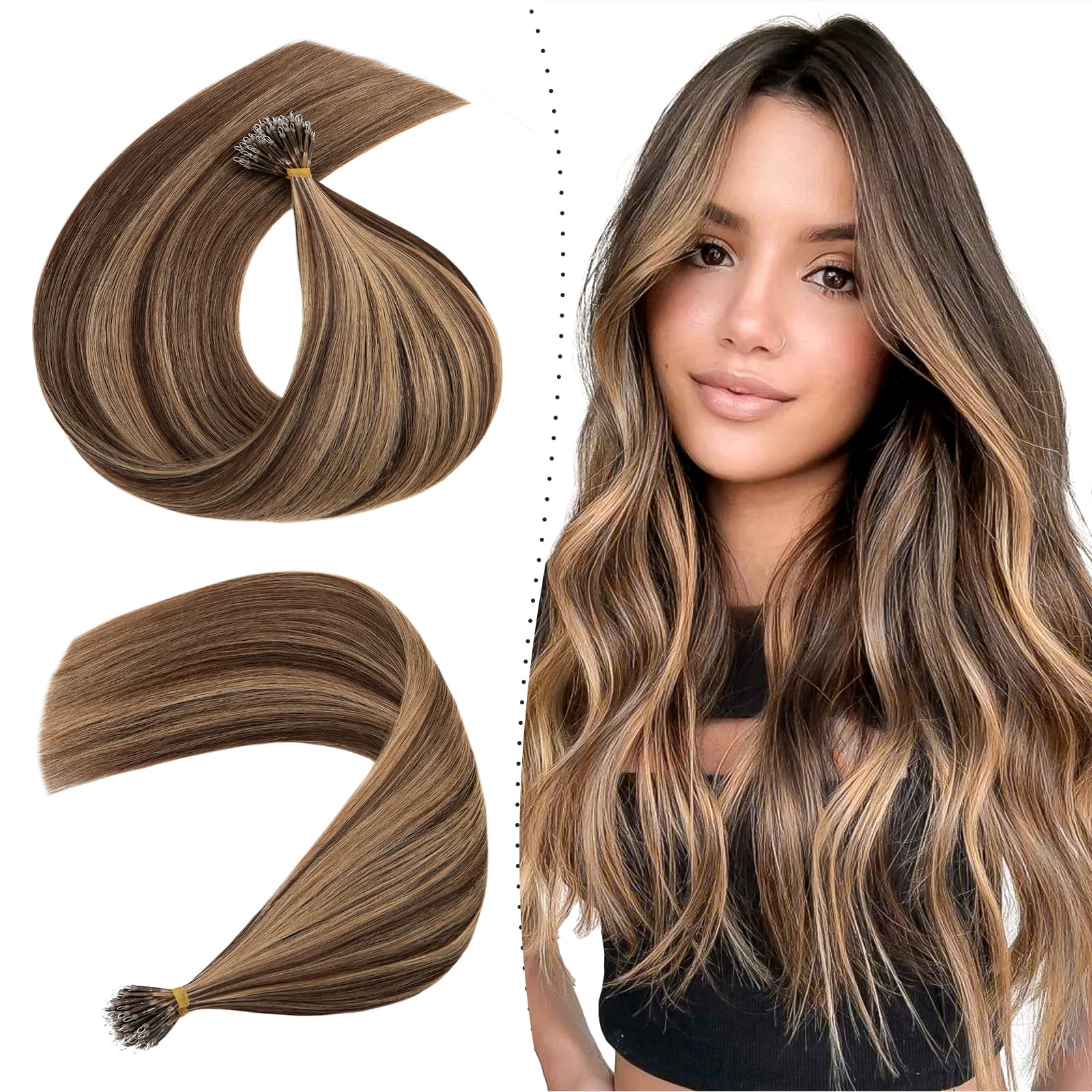 Silk-co Nano Ring Hair Extensions Human Hair 1g/s 50g/pack 100% Real Brazilian Natural Human Hair Nano Tip Extensions [20" #4P27 Medium Brown&Dark Blonde] With Nano Beads Cold Fusion 50 Strands