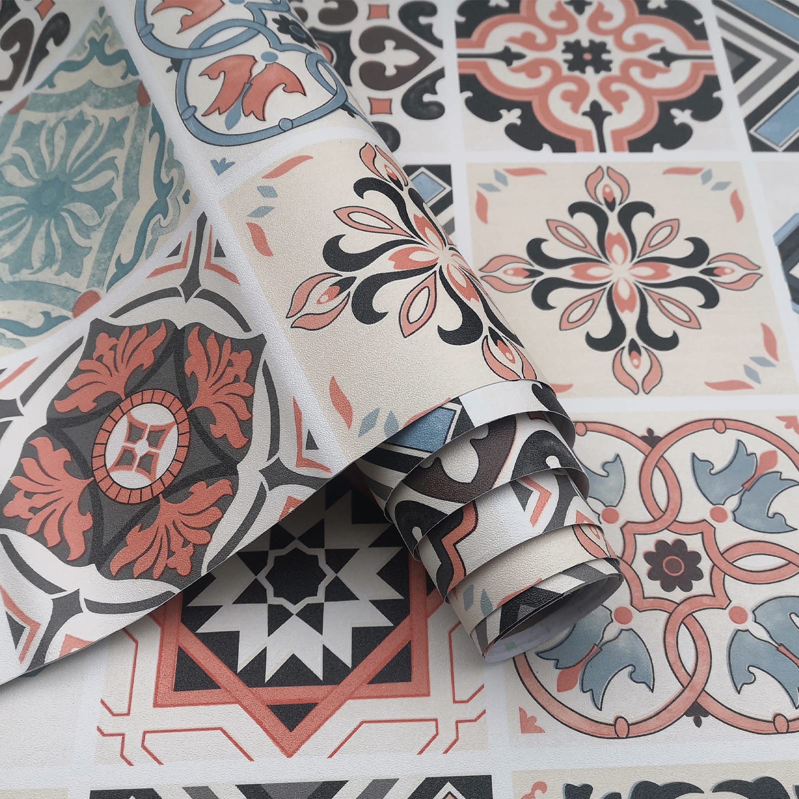 40cm×5m Pink Blue Pattern Matte Texture Wallpaper Peel and Stick Thick Mexican Style Contact Paper Kitchen Worktop Covering Vinyl Wrap Sticky Back Plastic Tile Wall Stickers for Bathroom Bedroom