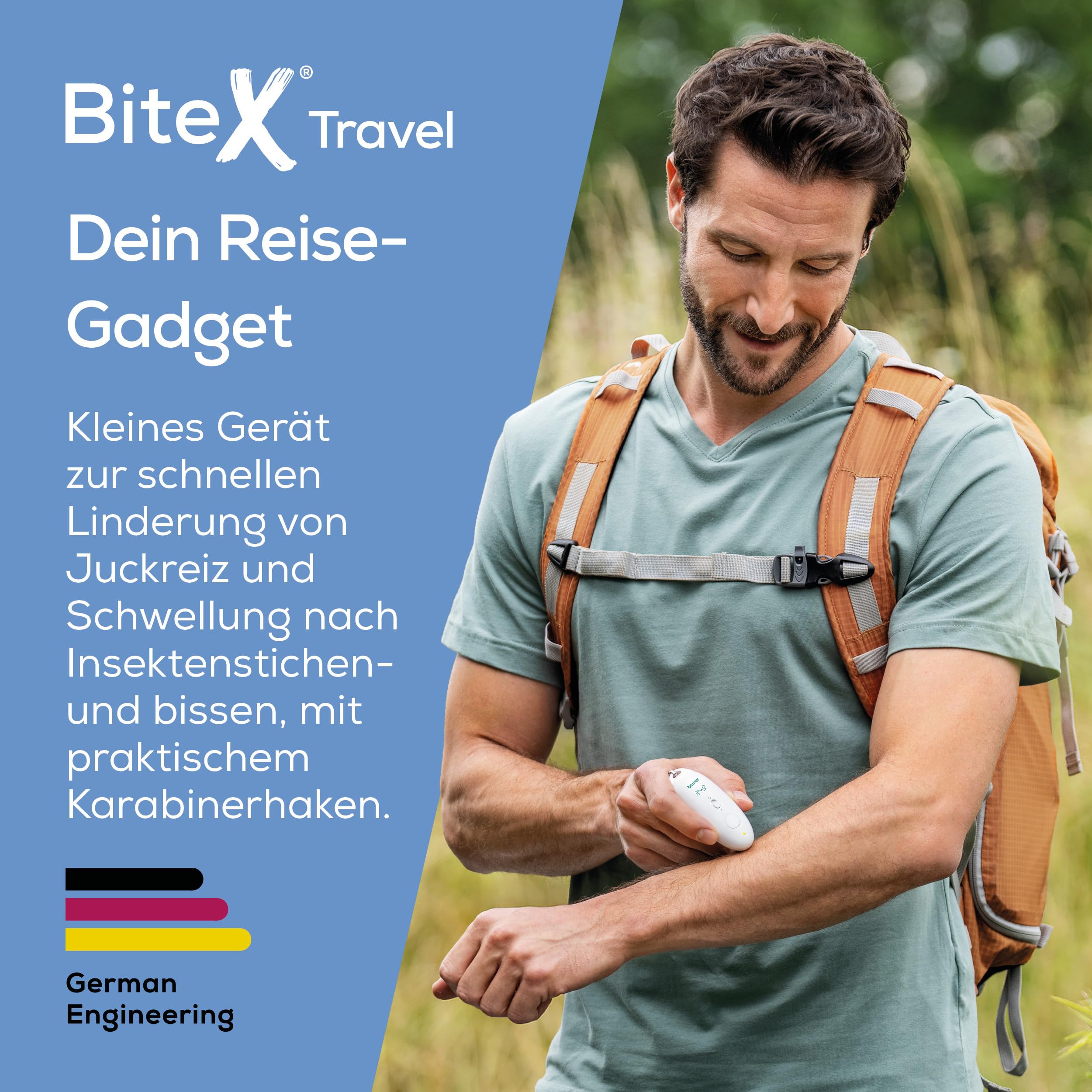 Beurer BiteX Travel Insektenstichheiler BR 10, zur Behandlung von Insektenstichen und -bissen, Stichheiler gegen Juckreiz, kleiner Wärmestift mit Karabinerhaken, Reise-Gadget 2