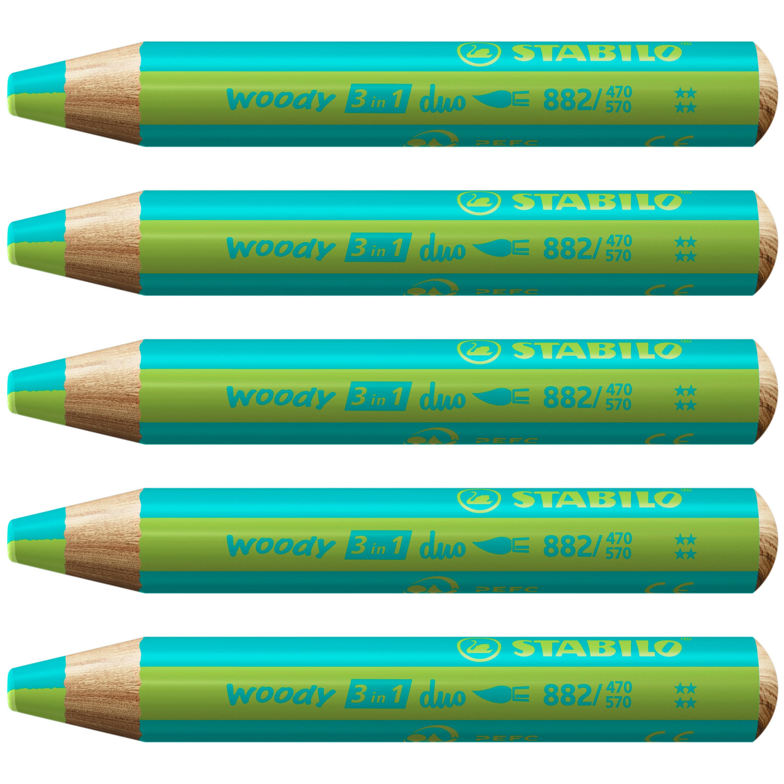 STABILO woody 3-in-1 duo - Multi-Talented Pencil - Pack of 5 - Turquoise/Light Green