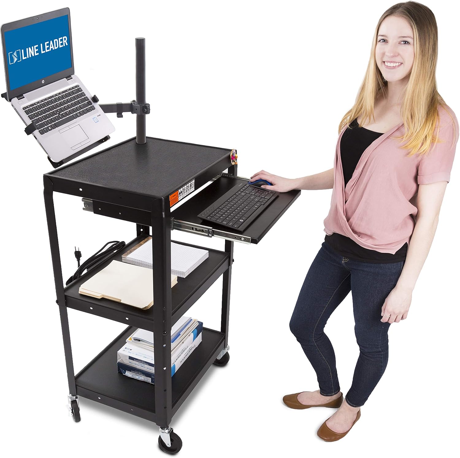 Line Leader AV Cart with Keyboard Tray and Monitor Mount - Mobile Workstation/Presentation Cart with Monitor Arm - Take Your Office On-The-Go with Our Stand Up Computer Cart (Black / 24 x 18) : Office Products