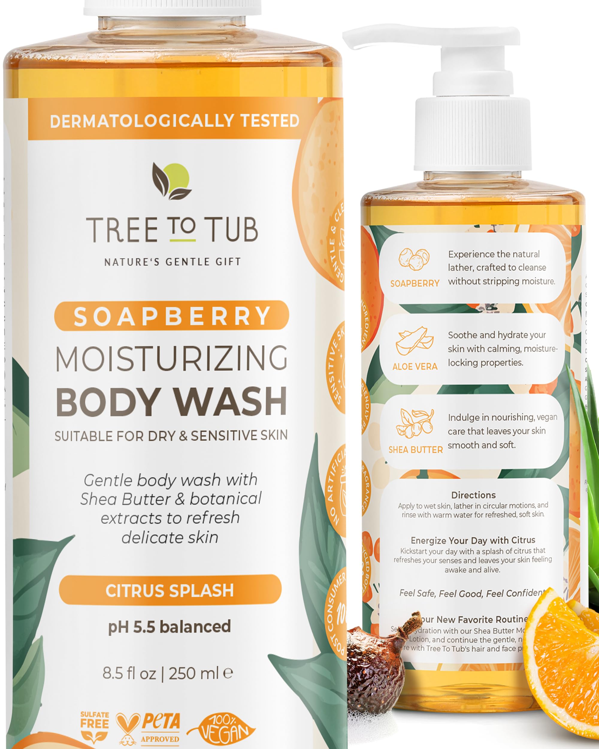 Tree To Tub Citrus Body Wash for Dry Skin & Sensitive Skin - pH Balanced Moisturizing Body Wash, Hydrating Sulfate Free Body Soap for Women & Men