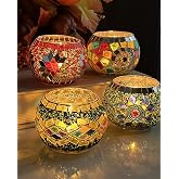 SHMILMH Glass Candle Holder Set of 4, Diwali Gift Votive Candle Holders Handmade Mosaic Glass Tealight Holders Diwali Christmas Table Decorations for Home