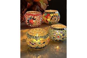 SHMILMH Glass Candle Holder Set of 4, Diwali Gift Votive Candle Holders Handmade Mosaic Glass Tealight Holders Diwali Christmas Table Decorations for Home