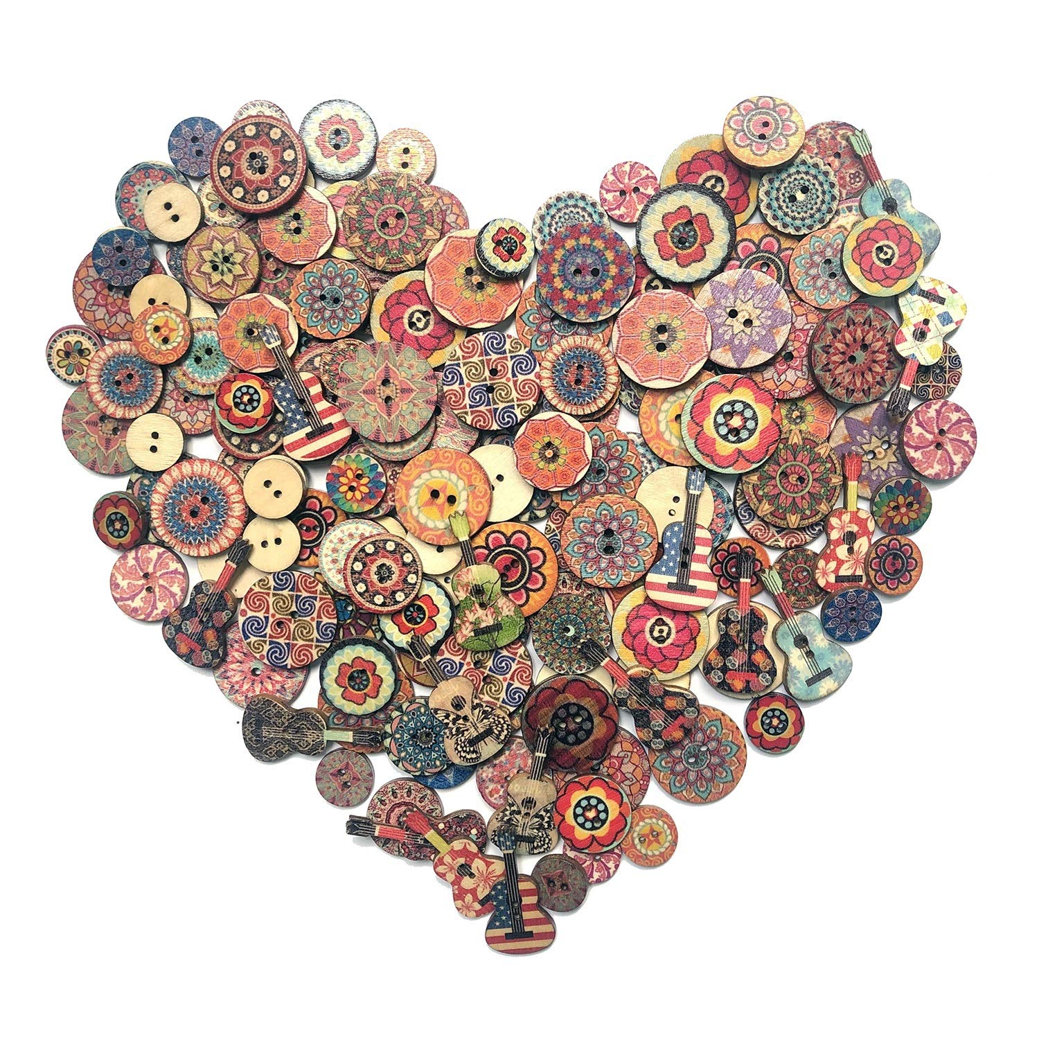 500 Pieces Wood Buttons, 2 Holes Round Flower and Guitar Wooden Buttons Vintage Buttons for DIY Sewing Craft Decorations, with 65.6 Feet Natural Jute Twine