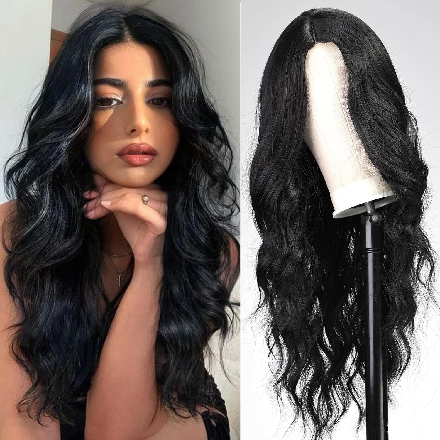 QUEENTAS 24 Inch Black Wigs for Women Synthetic Wig Middle Part Long Curly Wavy Wig for Daily Party Cosplay (Natural Black #1B) — image 1