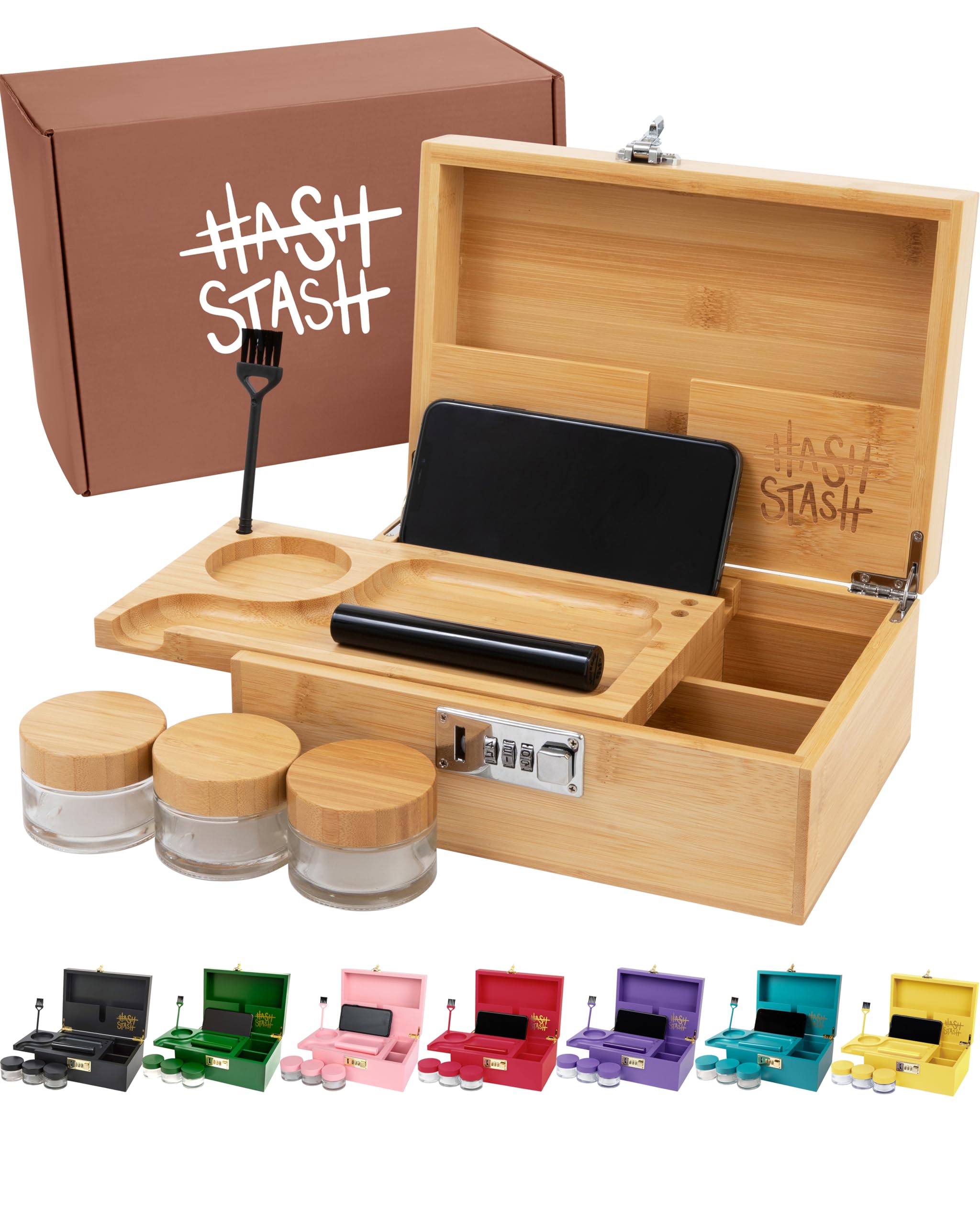Photo 1 of The OG Storage Box - Large Bamboo Box with Combination Lock, Magnetic Lid, Organizer Tray, Airtight Tube and 3 Smell-Proof Jars - Discreet Decorative Locking Wooden Box with Accessories (Wood/Silver)