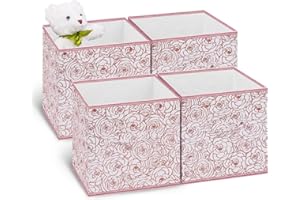 DAMAHOME Collapsible Storage Cube Bins, 11 Inch Floral Cube Storage Bin, Fabric Cubby Organizer with Dual Handles and Tags For Nursery/Home Office/Closet/Kids Room/4-Pack(Flower Rosegold)