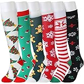 Foaincore 6 Pairs Christmas Compression Socks Colorful Patterned Winter Compression Socks Novelty Women Christmas Stocking Fancy Soft Thick Running Festive Holiday for Women Men