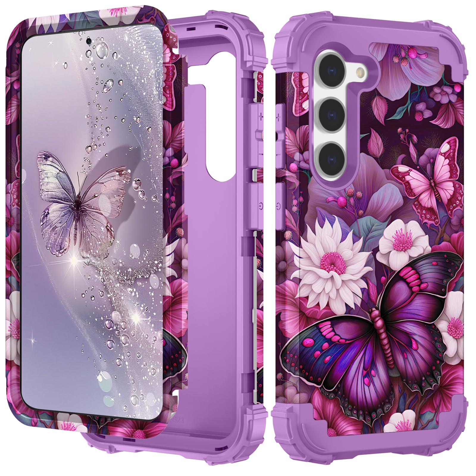 Photo 1 of PIXIU Unique Flower Pattern Compatible with Samsung Galaxy S23 Plus case, Heavy Duty Dual Layer Shockproof Full-Body Protective Sturdy Hybrid Cute Rugged Case for Women,Girls,Kids-Butterfly