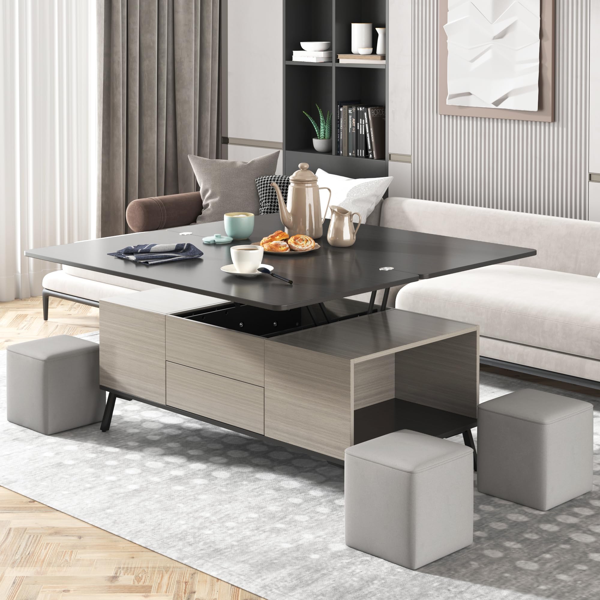 Photo 1 of LostCat 47 Inch Lift Top Coffee Table Set with Drawers, Modern Center Table with 4 Ottomans, 3-in-1 Lift Top Coffee Table and Convertible Dining Table for Living Room, Dark Grey